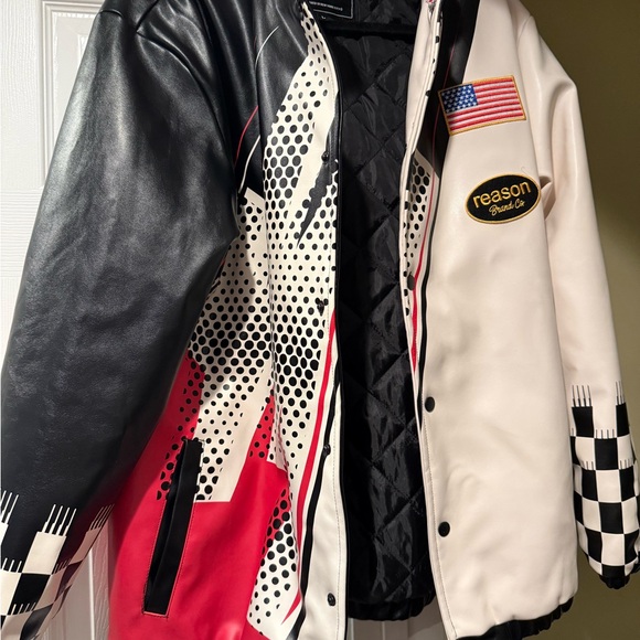 Reason Men's Black, Cream, and Red Bomber Jacket - Picture 5 of 5
